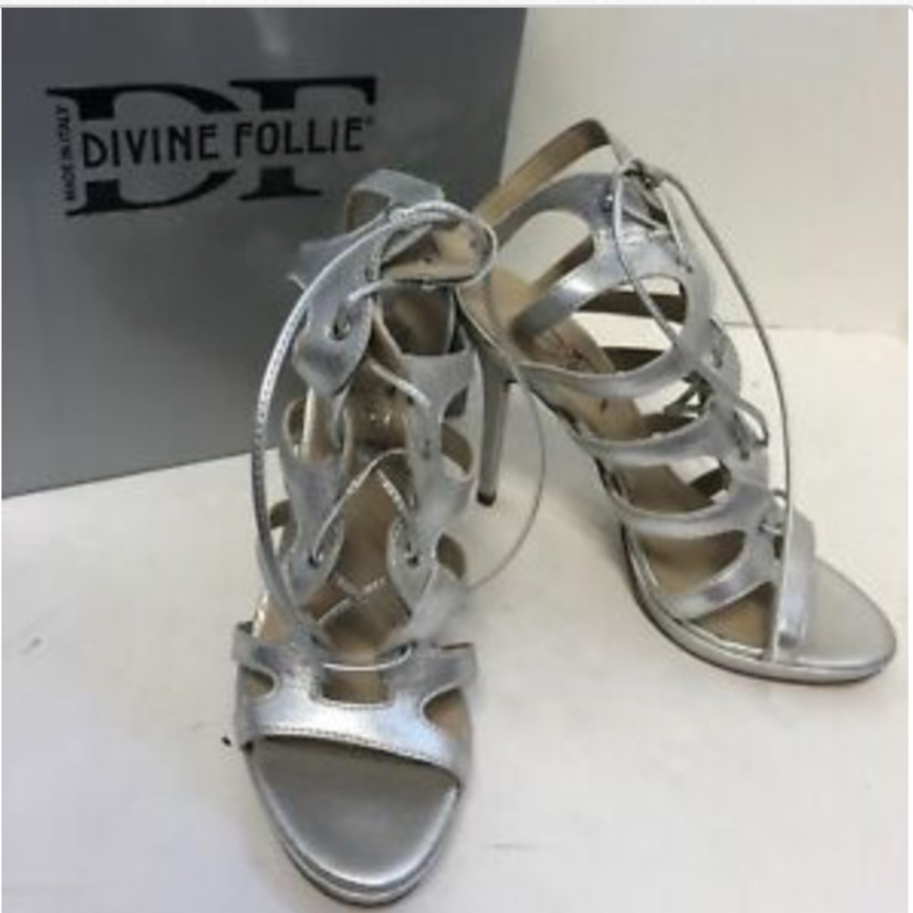 Divine Follie Silver Heeled Sandals, sz 38/US 8